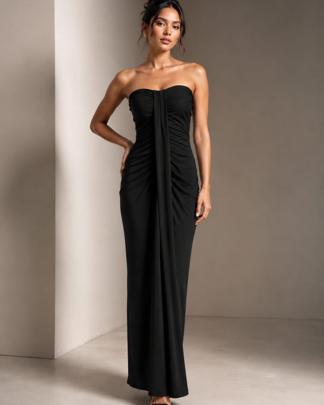 Black Ruched Strapless Maxi Dress