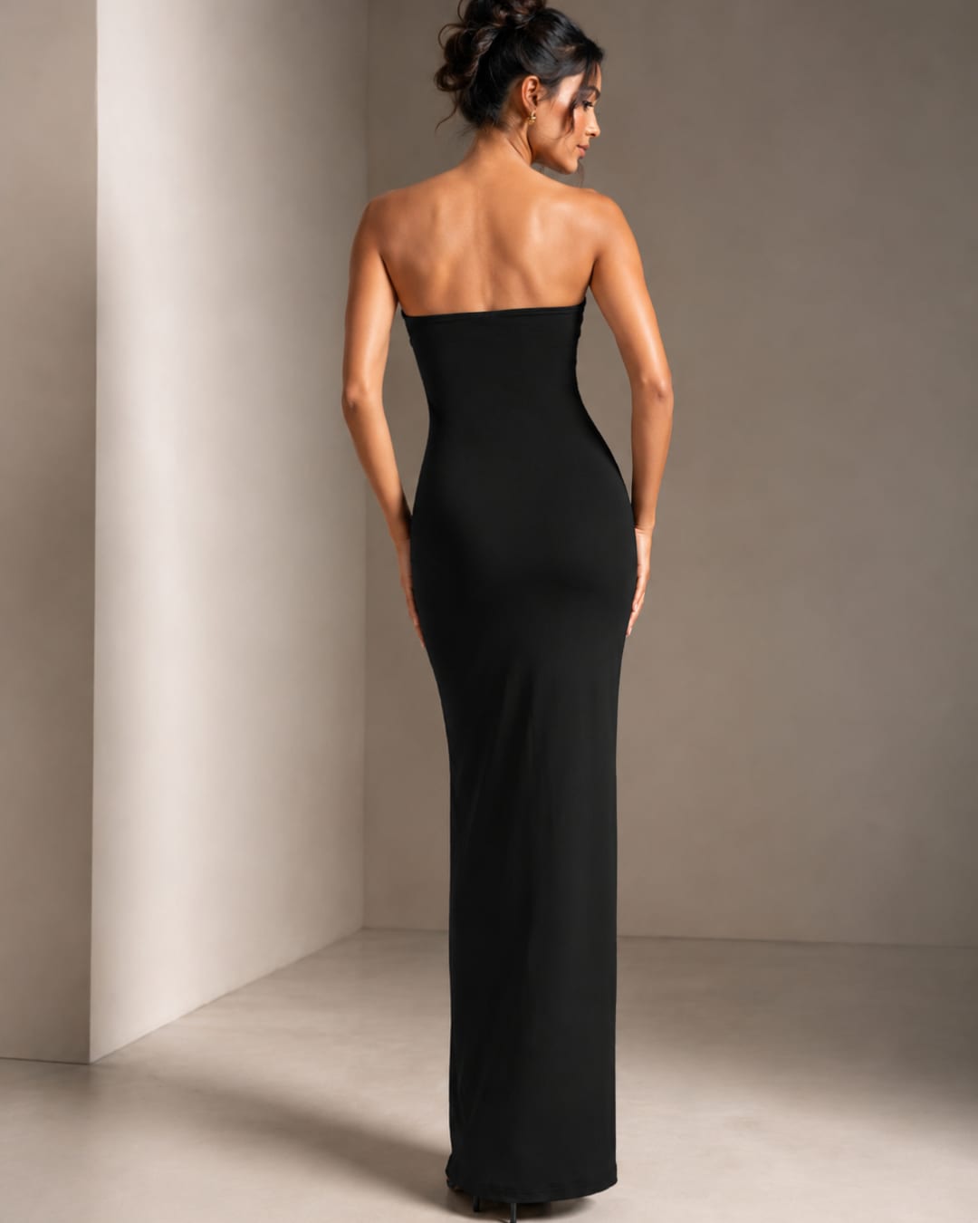 Black Ruched Strapless Maxi Dress