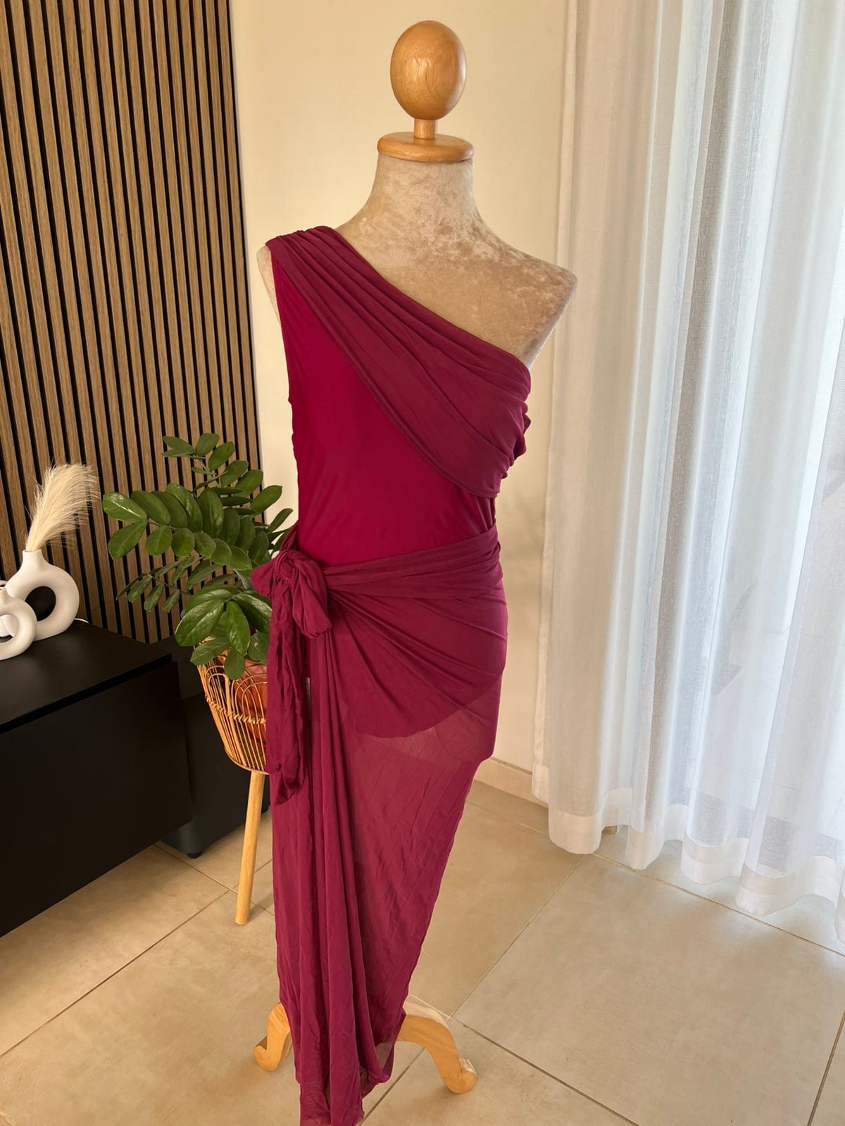 Burgundy One Shoulder Beach Set
