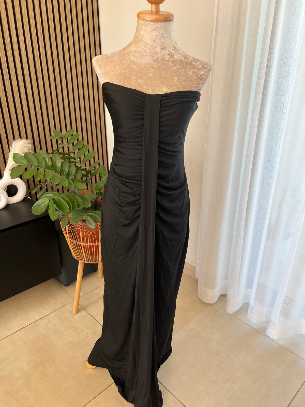 Black Ruched Strapless Maxi Dress